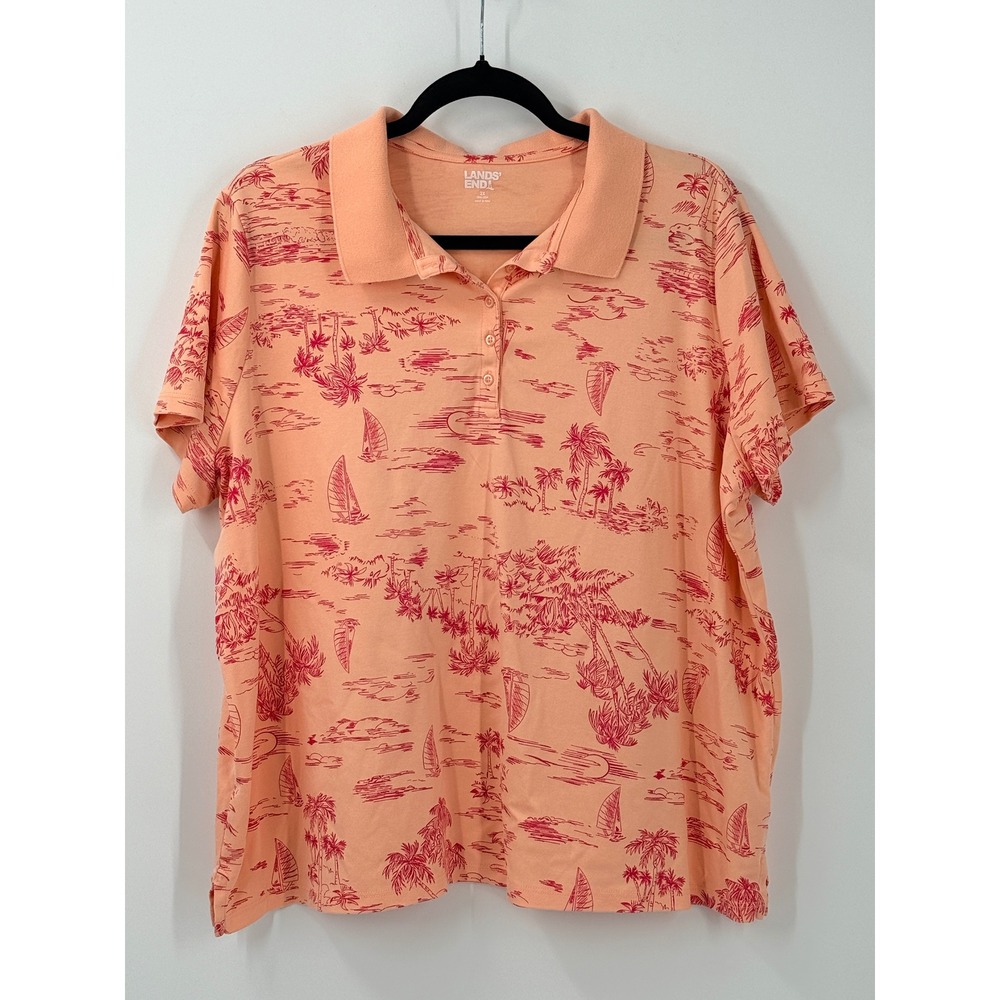Lands' End Tropical Scenic Polo Shirt Womens sz 2X vacation beach causal resort
